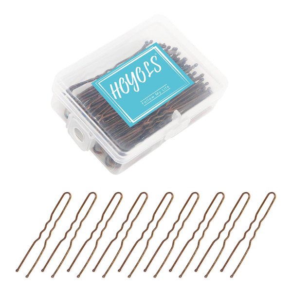 Hoyols U Shaped Hair Pins Brown, Metal Curved Curly Waved Bun Clips Bobby Pins Brown for Women Hair Accessories Decorative Buns Girls Grips Hairstyle with Case, 100 Count 2.4 in (Brown)