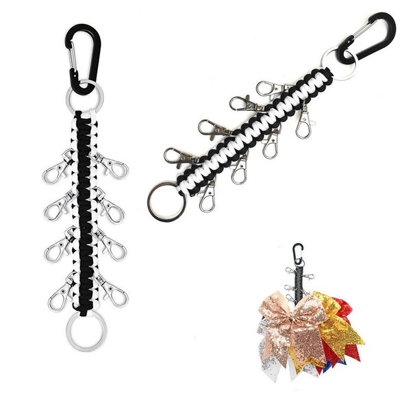 DODXIAOBEUL 10 Inch Paracord Handmade Cheer Bows Holder 2 Pack & 16 Lobster Clasp,Paracord Keychain for Teen Girls Cheerleader Sports (Black & White)