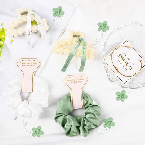 DEEKA 24 Pcs Bridesmaid Gifts Set Pearl Hair Claw Clips & Tie the Knot Bridesmaid Bracelet & Satin Scrunchies Proposal Gift Box Bridal Party Gift Bachelorette Party Favors (White&Sage Green)