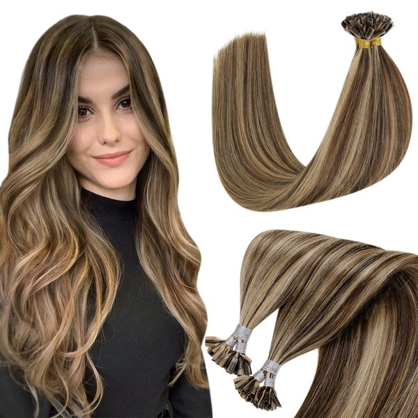 Hetto U Tip Hair Extensions Human Hair Invisible K Tip Hair Extensions Real Human Hair Utip Hair Extensions #4/27 Dark Brown Highlight Caramel Blonde 14 Inch 50g 50 Strands