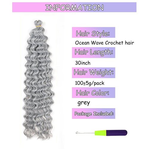 Cypsin Grey Curly Crochet Hair 30Inch 2 Packs Deep Wave Crochet Hair with Crochet Hook, Long Ocean Wave Braiding Hair for Women, Synthetic Hair Curly Braiding Hair Extensions