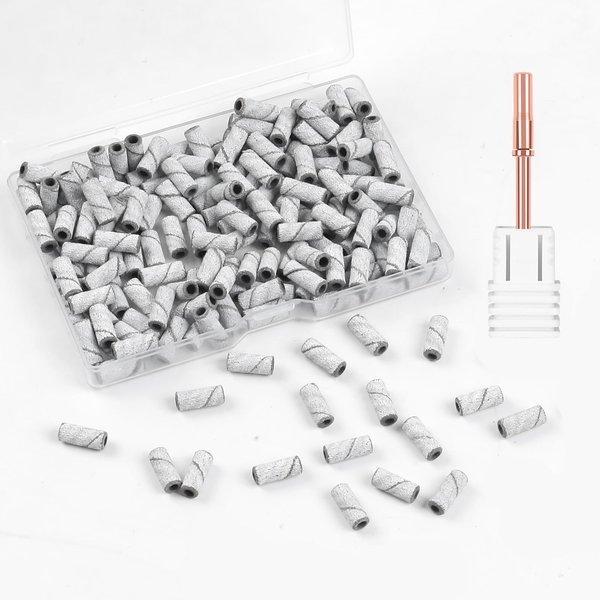 BQAN Sanding Bands for Nail Drills, 100pcs Small Bands 180 Fine Grit Nail File Sanding Bands with mini 3.1mm Mandrel Drill Bits for Acrylic Nails Gel Manicure (White)