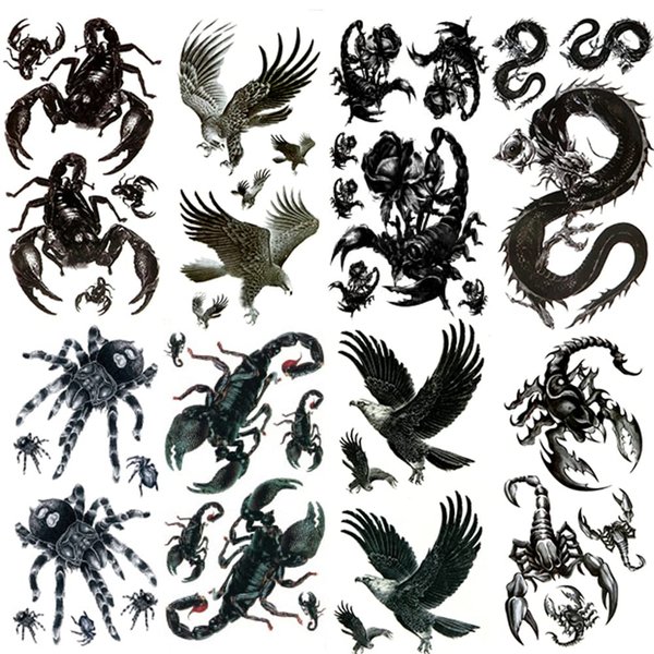 Oottati Waterproof Temporary Tattoo Stickers 8 Sheets Black Deadly Mechanical Scorpion Eagle Spider Dragon Perfect for Parties, Events and More