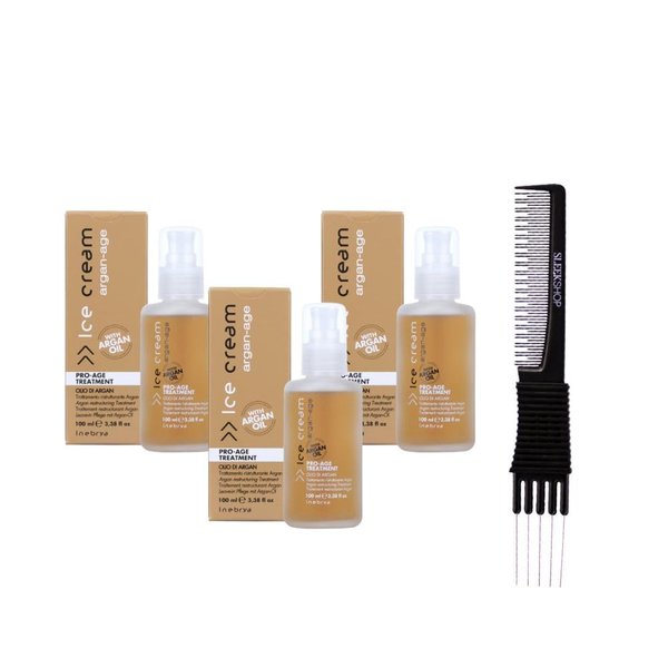 kuss Inebrya Ice Cream Argan-Age Pro Age Treatment (3.38 oz) with Teasing Comb Pack of 3