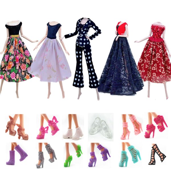 Fashion Doll Clothes Dress and Accessories 5 Sets Doll Dress Outfits + 12 Pairs Random Style Shoes for 11.5" Girl Dolls (Style E)