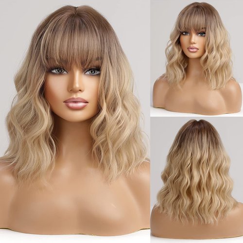 HAIRCUBE Short Blonde with Dark Roots Curly Wigs With Bangs,Wavy Bob Wigs for Women Heat Resistant Synthetic Wigs