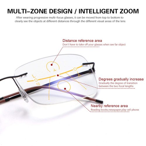 Rimless Progressive Multifocus Reading Glasses Blue Light Blocking No Line Multifocal Computer Readers for Women Men Rectangular Eyewear Titanium Lightweight Magnification Presbyopia Eyeglasses