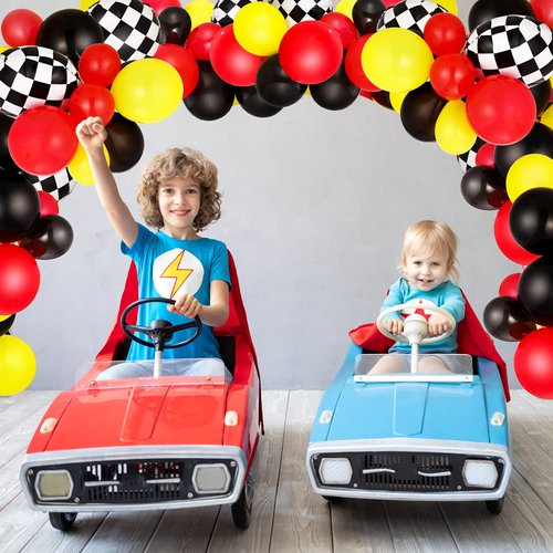 121 Pieces Balloon Garland Race Car Birthday Party Supplies Cars Theme Birthday Party Decorations Race Car Balloons Checkered Foil Balloons for Racing Car Birthday Decoration