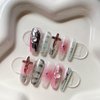 GlimightyX Gel Press on Nails Short,Handmade Salon Quality Thick Acrylic Cat Eye Designs Nails Press on,Reusable Medium Almond Long-lasting for 3 Weeks,10 Nails S Size,Punk Elegance