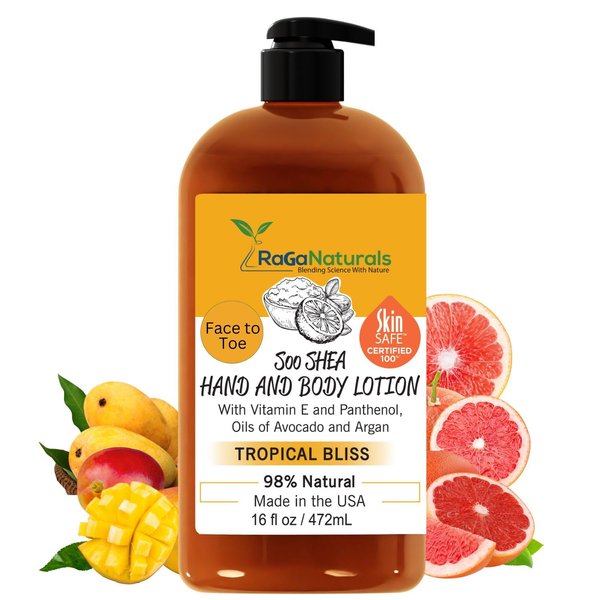 Tropical Body Lotion - Shea Butter, Argan, Avocado Oil & Vitamin E - Natural, Plant based, Non-Greasy, Vegan, Cruelty-Free, Nourishing Moisturizer, Hydrate Dry Flaky Skin, Women, Men, Kids-16 Fl Oz