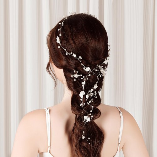 BEAYFILY Bridal Wedding Hair Vine,Extra Long Pearl and Crystal Beads Bride Head Piece,Silver Hair Accessories for Women and Girls (Silver)