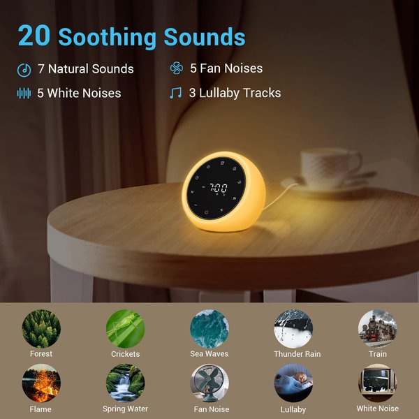 BGOVERSS White Noise Sound Machine, Alarm Clock with Night Light, 20 Soothing White Noise Sounds for Baby Adult Sleeping, Silent Touch Button Control Noise Machine Alarm Clock for Bedroom, White Color