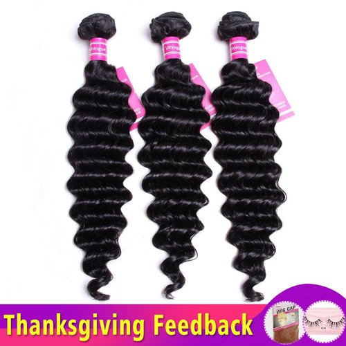 VRVOGUE Brazilian Deep Wave 3 Bundles 100% Human Hair 7A Unprocessed Natural Color Brazilian Virgin Hair Extensions (20 22 24)