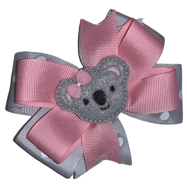 Koala Pinwheel Hair Bow 4" Gray and Pink