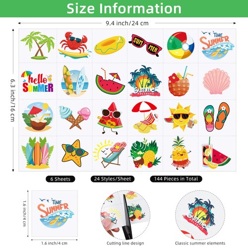 ADXCO 144 Pieces Summer Pool Party Tattoos Hawaiian Luau Themed Tattoos Waterproof Beach Temporary Tattoos Stickers for Kids and Adults, Tropical Party Decorations Supplies Favors (24 Styles, 6 Sheets)