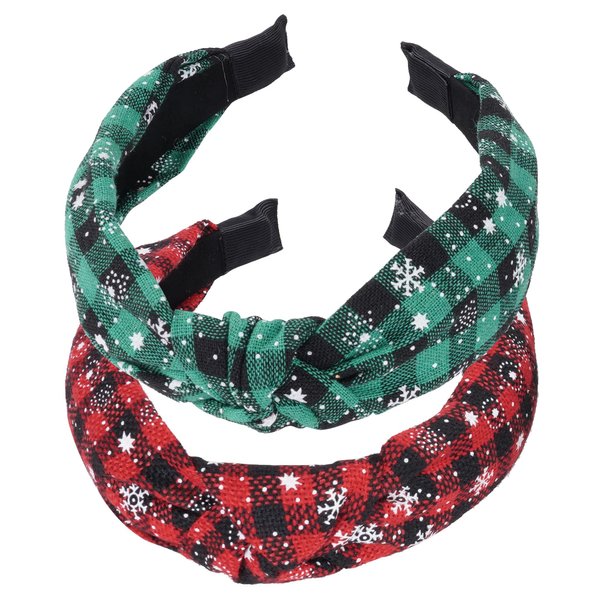SUMERSHA 2pcs Christmas Knotted Headbands Women Girls Wide Headband Top Knot Hair Bands Non-slip Buffalo Plaid Cross Hairbands Xmas Hair Accessories (Red and Green)