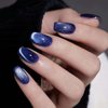 Glitter Press on Nails Short Square Fake Nails Cat Eye False Nails with Design Blue Acrylic Nails Artificial Glue on Nails Full Cover Stick on Nails for Women Girls Manicure Art 24Pcs