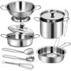 12Pcs Kids Pots and Pans Playset, Pretend Play Kitchen Set Toy Stainless Steel Pots and Pans Cooking Toys Accessories for Kids Toddler Age 3 Years Old