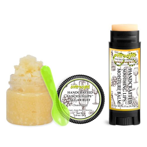 Chardonnay Soothing & Luscious Lips by OverSoyed Exfoliator & Chapped Lip Repair Lip Care Combo | Artisan Handcrafted to Order Citrusy White Grape Floral Jasmine Herbal Vanilla Flavored Exfoliating Sugar Lip Scrub & Lip Moisturizer Balm Gift Set