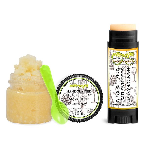 Chardonnay Soothing & Luscious Lips by OverSoyed Exfoliator & Chapped Lip Repair Lip Care Combo | Artisan Handcrafted to Order Citrusy White Grape Floral Jasmine Herbal Vanilla Flavored Exfoliating Sugar Lip Scrub & Lip Moisturizer Balm Gift Set