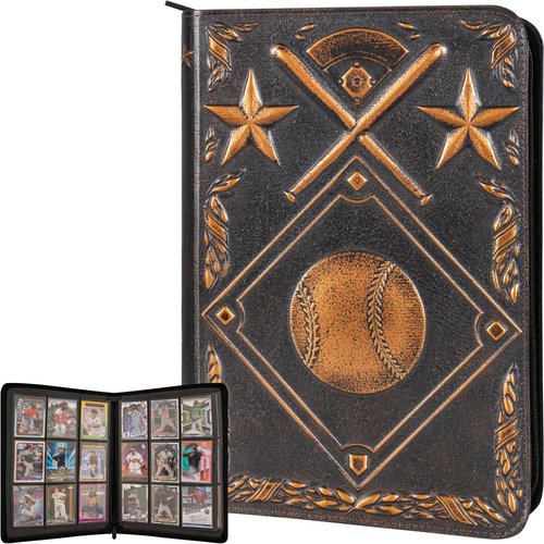 Baseball Card Binder - Stunning 3D Raised & Hand Colorwashed PU Leather Binder - 9 Pocket Album w Zipper - 360 Side Loading Sleeves Book for Baseball Trading Cards - Works with Topps, Bowman, Panini..