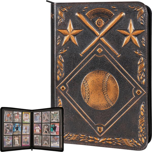Baseball Card Binder - Stunning 3D Raised & Hand Colorwashed PU Leather Binder - 9 Pocket Album w Zipper - 360 Side Loading Sleeves Book for Baseball Trading Cards - Works with Topps, Bowman, Panini..