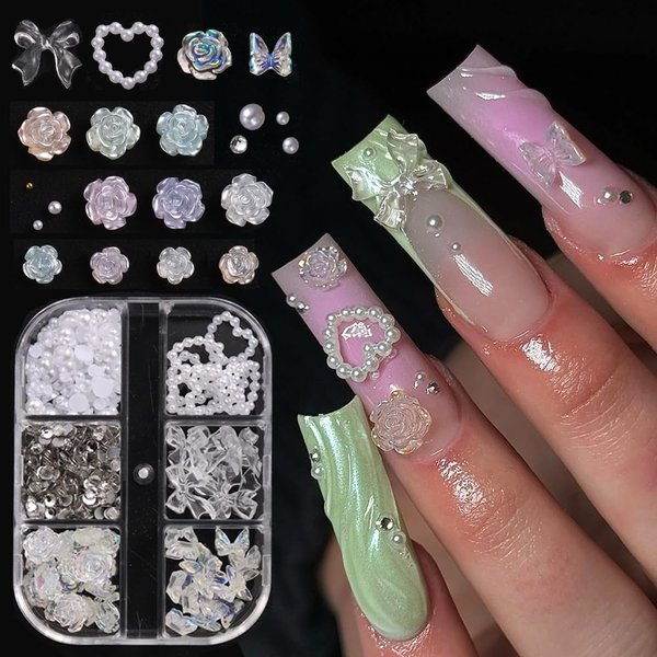 3D Multi Shapes Nail Charms, Aurora Rose Camellia Butterfly Acrylic Flower Clear Bow-Knot White Heart Flatback Pearls Nail Decoration Jewelry DIY Crafts Y2K Nail Art Accessories
