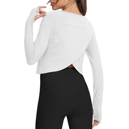 Bestisun Long Sleeve Workout Shirts Yoga Dance Top Split Back Gym Tennis Sports Exercise Training Shirt Women Stretch Fitness Crop Tops White M