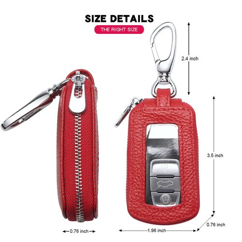VSLIH Universal Vehicle Car Key case Genuine Leather Car Smart Key Chain Keychain Holder Metal Hook and Keyring Zipper Bag for Remote Key Fob