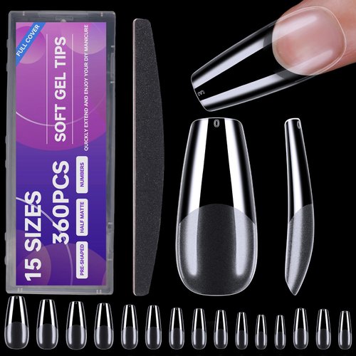 ANYOS Long Coffin Soft Gel X Nail Tips,360Pcs Pre Shaped Press on Nails for Full Cover Acrylic Fake Nails for Women Nail Extension Home DIY,15 Sizes for Nail Art