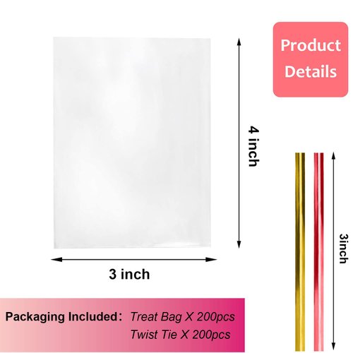 Morepack 3x4 Inches Clear Cellophane Bags 200 Pcs OPP Plastic Treat Bags with 200 Twist Ties for Gift Wrapping, Packaging Lollipop, Candies, Dessert, Cakepop, Cookies, Chocolate