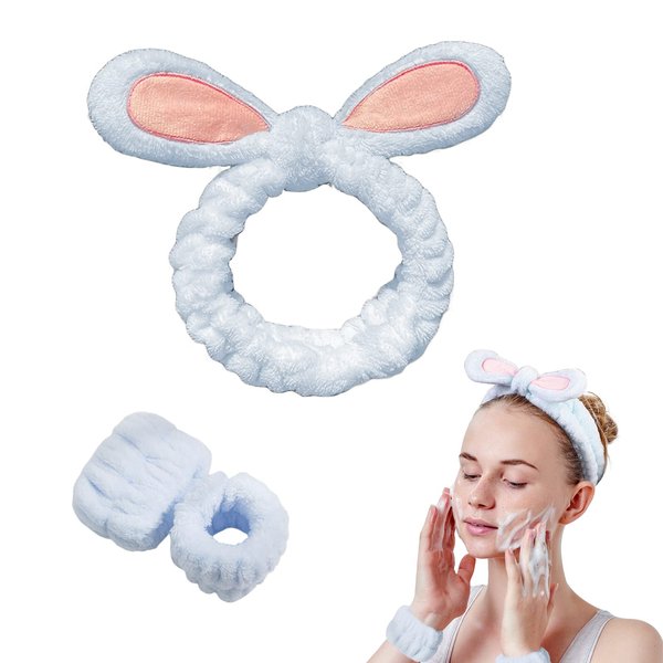 3-Pack Spa Headband and Wristband Set,Soft Plush Makeup Skincare Headband Wrist Bands Cute Bunny Rabbit Ears Face Wash Headband and Towel Wristband Set for Women Girls Washing Face Skin Care (Blue)