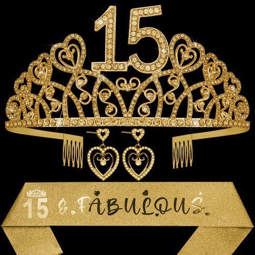 HnoonZ 15th Birthday Gifts for Girls,15th Sash and Tiara for Women,Crown 15 Birthday
