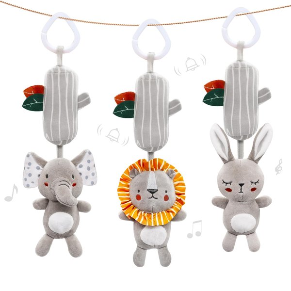 Blublu Park 3 Pcs Baby Hanging Rattle Toys, High Contrast Baby Toys for Newborn, Plush Sensory Learning Toy Car Seat Stroller Hanging Toys for Babies 0-18 Months