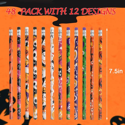 DIYASY Halloween Pencils for Kids, 12 Design 48 Pack Pencils Bulk with Erasers Assorted Colorful Fall Pencil Set for Halloween Goodies Gift Prize Party Favor Supplies