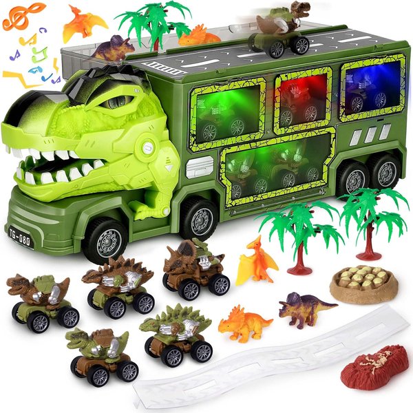 Hatisan Dinosaur Toys Truck for Kids 3-5 Years, Tyrannosaurus Dinosaur Truck Toy with 8 Dino Figures, Transport Cars, Activity Play Mat, Dinosaur Eggs for Kids Toddle Boys Girls(T-rex Dino)