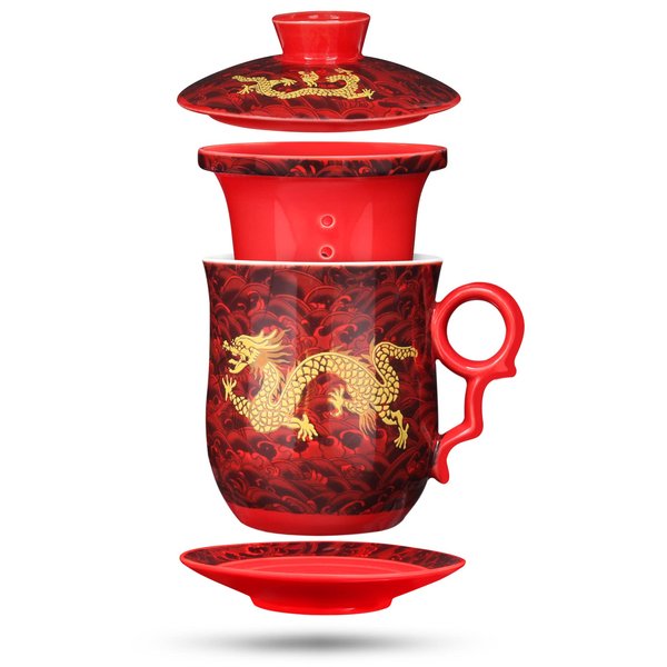 YURROAD Chinese Dragon Pattern Tea-Mug with Strainer Infuser and Lid and Saucer Ceramic Tea Mug Convenient System Chinese Porcelain Personal Tea Cup 13.5 oz(380ml) - RED, TC400
