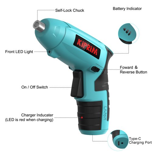 Small 4V Electric Screwdriver,Kiprim ES3 Cordless Screwdriver Tool with Rechargeable Battery,LED Front Light & Power Display Light for Home DIY Blue