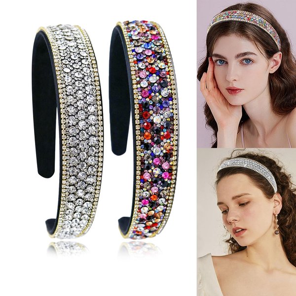 SHEHARUHI 2 Pieces Fashion Rhinestone Headbands Gorgeous Hair Accessories Glitter Sparkly Crystal Diamond Headbands for Girl Women(Silver&Rainbow)