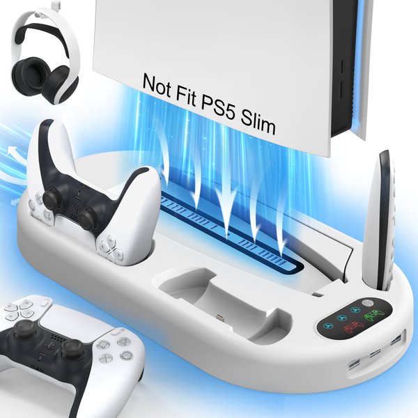 AMZDM for PS5 Stand Cooling Station with Dual PS5 Charging Station Playstation 5 Console Cooler Docking Station with Cooling Fan PS5 Controller Fast Charging PS 5 Disc & Digital 2023 Version White