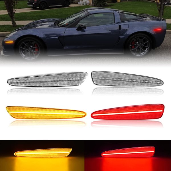 R&F Auto 4PCS LED Side Marker Lights Compatible with Corvette C6 (2005-2013)/Z06/ZR1/Grand Sport/Z06 Carbon Amber Red LED Sidemarker Lamps Turn Signal Lights Clear Lens