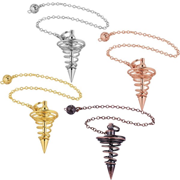 SUNYIK 4PCS Swirl Pointed Spiritual Point Copper Metal Pendulum for Dowsing Divination, Healing Spiral Dowsing Pendulum Set Meditation Tool with Chain 6.7-7"