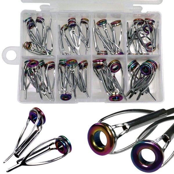 QualyQualy Fishing Rod Tip Repair Kit Fishing Pole Tip Replacement Kit Rainbow Laser Ceramic Ring Stainless Steel Fishing Rod Guides Repair Kit 1.8mm-3.2mm 40Pcs