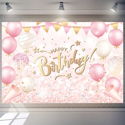 Pink Happy Birthday Banner Backdrop Pink and Rose Gold Happy Birthday Party Decorations Supplies for Women and Girls Happy Birthday Banner Baby Shower Sweet 16 Photography Background 7x5ft