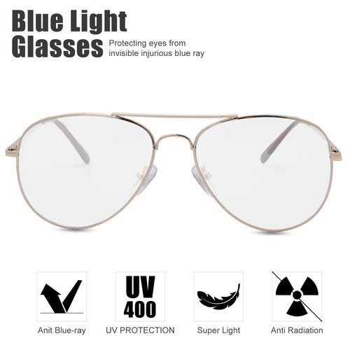The Fresh Blue Light Blocking Glasses Aviator Frame Anti Blue Ray Computer Game Glasses for Teens Men Women (BAV301 Gold)