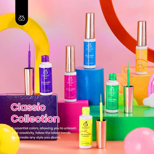 Beetles Nail Art Gel Liner Nail Polish Set - 6 Neon Gel Nail Polish Colors Hot Pink Orange Blue Yellow Paint for Nails Built Thin Brush in Bottle Soak off Uv LED Lamp Rainbow Nails