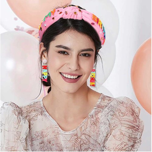 Birthday Headband for Women Beaded It’s My Birthday Headband Happy Birthday Crown Jeweled Rhinestone Crystal Pink Knotted Headband Birthday Hair Accessories Party Favors Gifts (It's My Birthday 1)