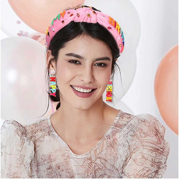 Birthday Headband for Women Beaded It’s My Birthday Headband Happy Birthday Crown Jeweled Rhinestone Crystal Pink Knotted Headband Birthday Hair Accessories Party Favors Gifts (It's My Birthday 1)
