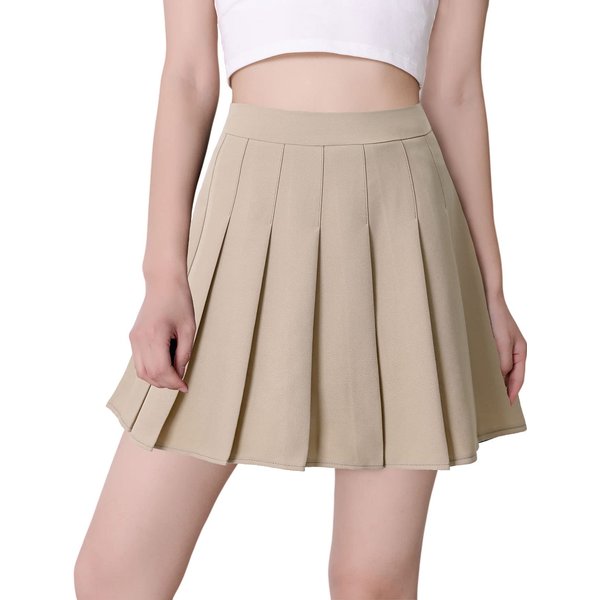 Hoerev Beige Mini Plaid Pleated Skater Tennis School Uniform Skirt with Lining Shorts,US 2