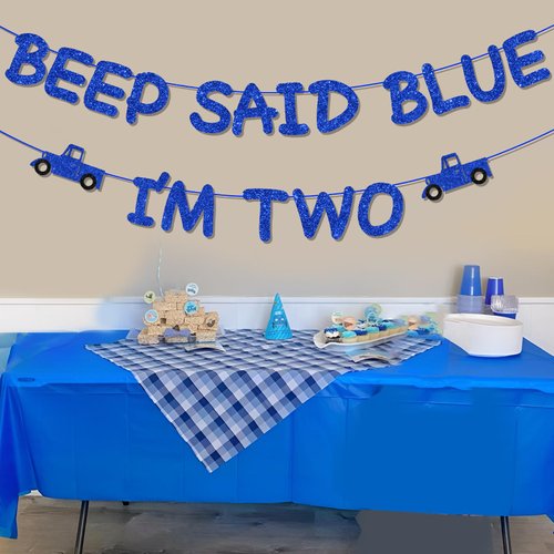 Blue Truck 2nd Birthday Banner Little Blue Truck Party Decorations Glitter Beep Said Blue I'm Two Banner Backdrop for Boys and Girls Farm Themed 2nd Birthday Party Supplies